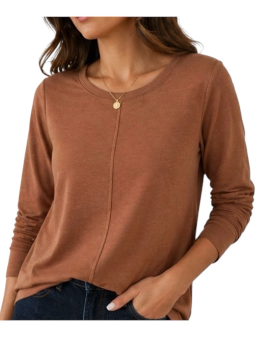 J. Jill 100% Pima Cotton Kniti Brown Long Sleeve Crew Neck Tee Size Large-Petite